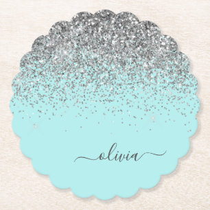 Aqua Blue Blauwgroen Silver Glitter Monogram Kartonnen Onderzetters