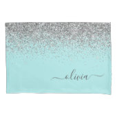 Aqua Blue Blauwgroen Silver Glitter Monogram Kussensloop (Voorkant)