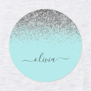 Aqua Blue Blauwgroen Silver Glitter Monogram Labels