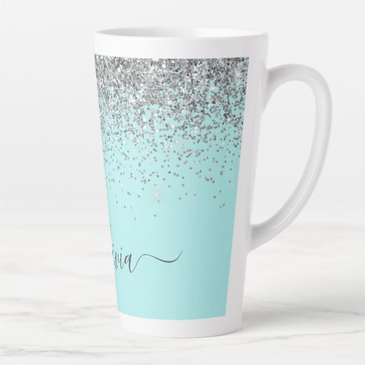 Aqua Blue Blauwgroen Silver Glitter Monogram Latte Mok (Rechts)