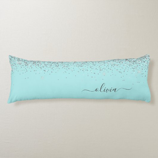 Aqua Blue - Blauwgroen Silver Glitter Monogram Lichaamskussen (Voorkant)