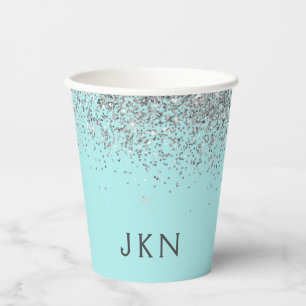 Aqua Blue Blauwgroen Silver Glitter Monogram Papie Papieren Bekers