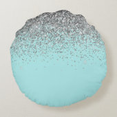 Aqua Blue Blauwgroen Silver Glitter Monogram Rond Kussen (Achterkant)
