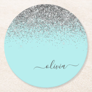 Aqua Blue Blauwgroen Silver Glitter Monogram Ronde Kartonnen Onderzetter