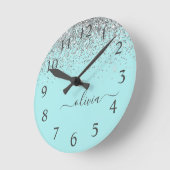 Aqua Blue Blauwgroen Silver Glitter Monogram Ronde Klok (Hoek)
