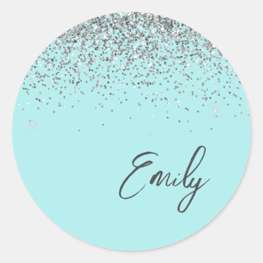 Aqua Blue Blauwgroen Silver Glitter Monogram Ronde Sticker (Voorkant)