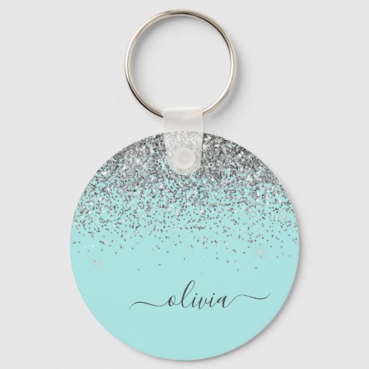 Aqua Blue Blauwgroen Silver Glitter Monogram Sleutelhanger (Voorkant)