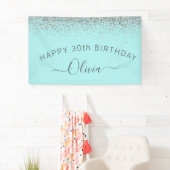 Aqua Blue Blauwgroen Silver Glitter Monogram Spandoek (Insitu)