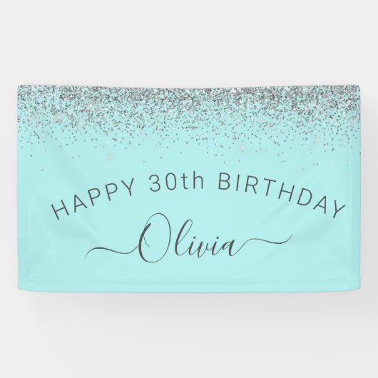 Aqua Blue Blauwgroen Silver Glitter Monogram Spandoek (Horizontaal)