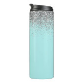 Aqua Blue Blauwgroen Silver Glitter Monogram Thermosbeker (Geroteerd rechts)