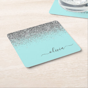 Aqua Blue Blauwgroen Silver Glitter Monogram Vierkante Kartonnen Onderzetter