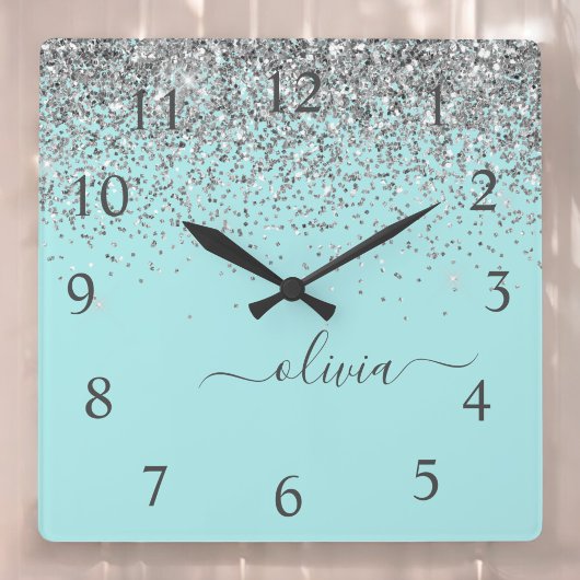 Aqua Blue Blauwgroen Silver Glitter Monogram Vierkante Klok