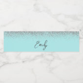 Aqua Blue Blauwgroen Silver Glitter Monogram Waterfles Etiket (Enkel label)