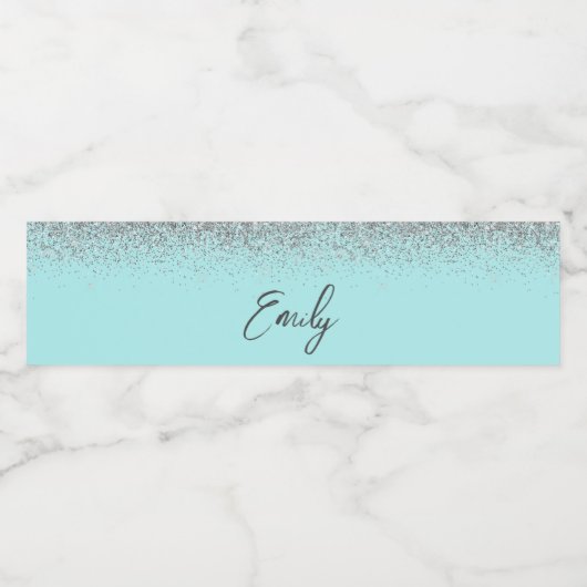 Aqua Blue Blauwgroen Silver Glitter Monogram Waterfles Etiket (Enkel label)