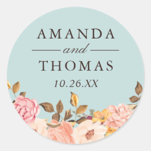 Aqua Blue Blush Floral Wedding Envelope Seal Ronde Sticker