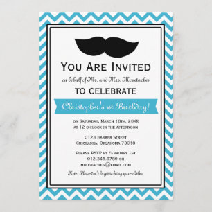 Aqua Blue Boy Mustache Chevron Birthday Party Kaart