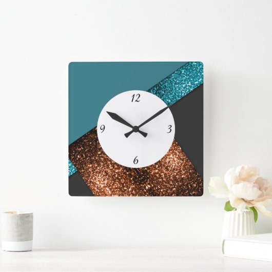 Aqua blue bronzen sparkles design met getallen vierkante klok (Huis)