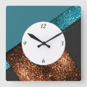 Aqua blue bronzen sparkles design met getallen vierkante klok (Voorkant)