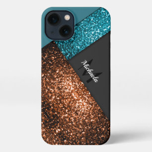 Aqua blue bronzen sparkles kleurenblok Monogram iPhone 13 Hoesje