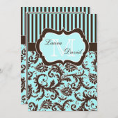 Aqua Blue Brown blanc rayé Damas Invitation II (Devant / Derrière)