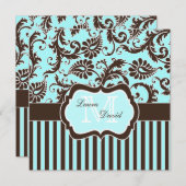 Aqua Blue Brown blanc rayé Damask Invitation (Devant / Derrière)