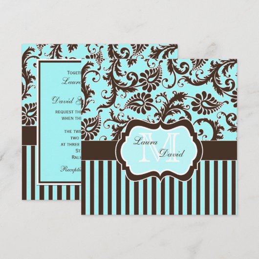 Aqua Blue Brown blanc rayé Damask Invitation (Devant / Derrière)