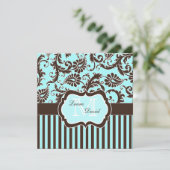 Aqua Blue Brown blanc rayé Damask Invitation (Debout devant)