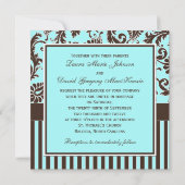 Aqua Blue Brown blanc rayé Damask Invitation (Dos)
