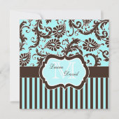 Aqua Blue Brown blanc rayé Damask Invitation (Devant)