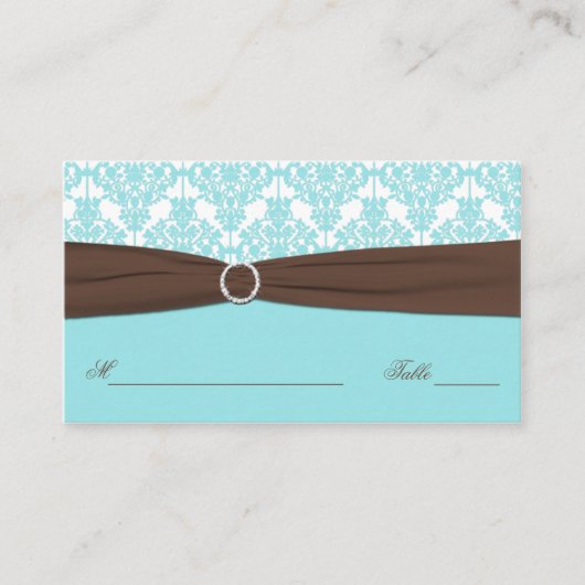 Aqua Blue, Brown, White Damask Place Card Plaatskaartje (Voorkant)