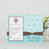 Aqua Blue, Brown, White Damask Wedding Programme (Staand voorkant)