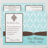 Aqua Blue, Brown, White Damask Wedding Programme (Voorkant / Achterkant)