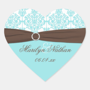 Aqua Blue, Brown, White Damask Wedding Sticker