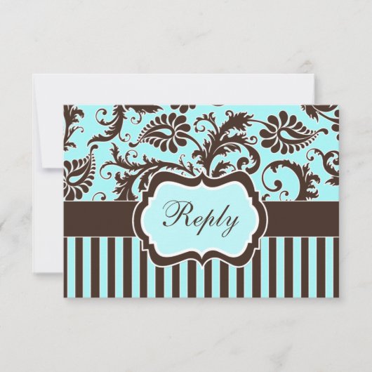Aqua Blue, Bruin, White Striped Damask Reply Kaart (Voorkant)