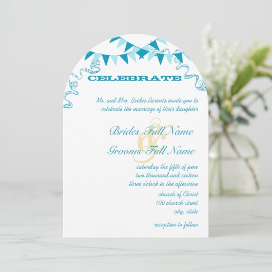 Aqua Blue Bunting Pennant Invitations de mariage (Debout devant)