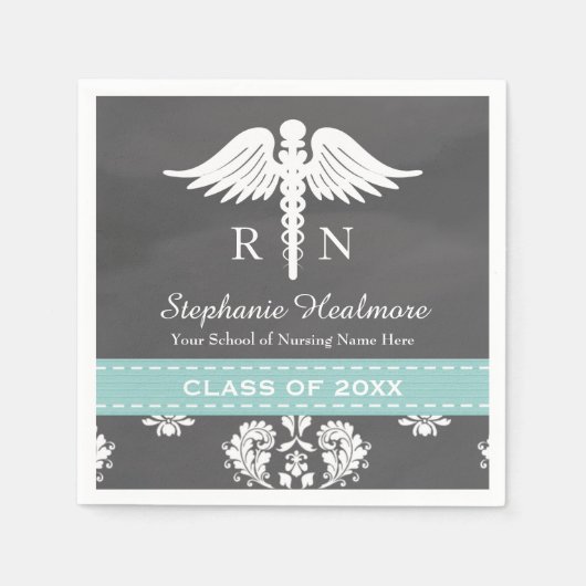 Aqua Blue Chalkboard Caduceus Nurse Afstuderen Servetten (Voorkant)