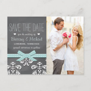 Aqua Blue Chalkboard Lace Bow Save the Date Aankondigingskaart