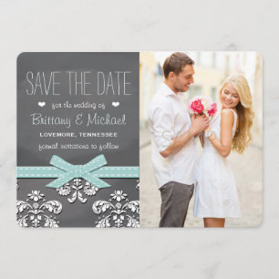 Aqua Blue Chalkboard Lace & Bow Save the Date Card