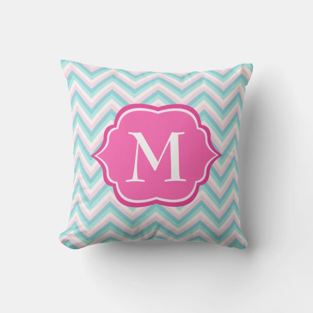 Aqua Blue Chevron Pink White Monogram Design Kussen (Voorkant)