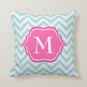 Aqua Blue Chevron Pink White Monogram Design Kussen