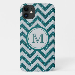 Aqua Blue Chevron Silver Glitter Monogram iPhone 11 Hoesje