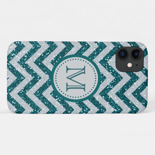 Aqua Blue Chevron Silver Glitter Monogram Case-Mate iPhone Case (Achterkant (horizontaal))