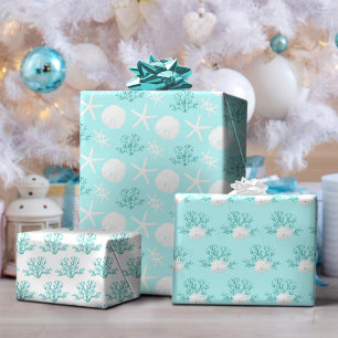Aqua Blue Christmas Beach Starfish Zanddollar Inpakpapier Vel