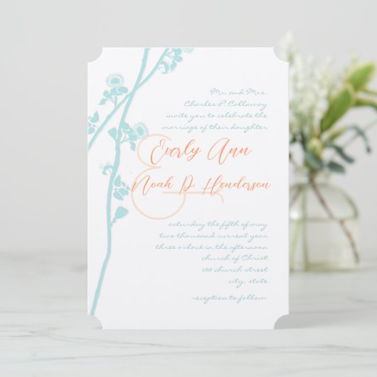 Aqua Blue Coral Faire-part de mariage (Debout devant)