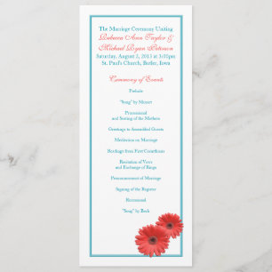 Aqua Blue Coral Gerbera Daisy Wedding Program Programma