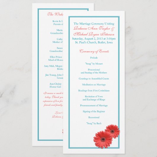 Aqua Blue Coral Gerbera Daisy Wedding Program Programma (Voorkant / Achterkant)