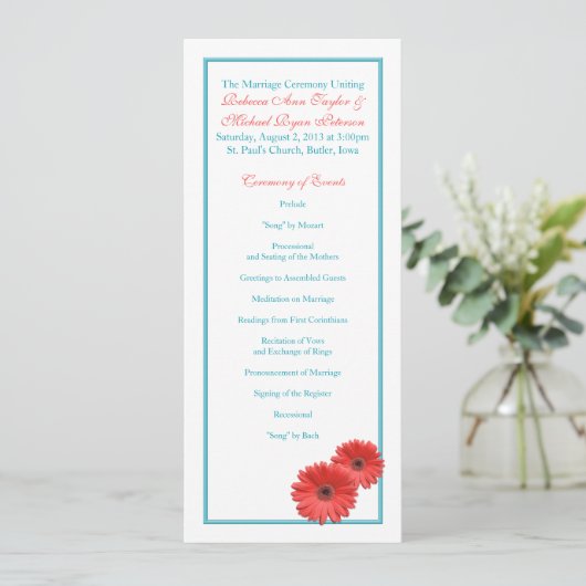 Aqua Blue Coral Gerbera Daisy Wedding Programme (Debout devant)