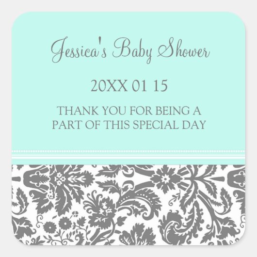 Aqua Blue Damask Baby shower Stickers Favoriser (Devant)