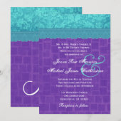 Aqua Blue Damask en Paars Wedding A004 Kaart (Voorkant / Achterkant)