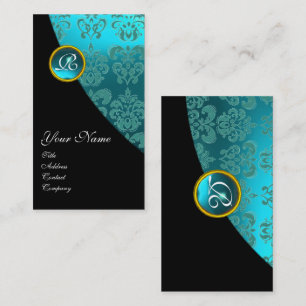 AQUA BLUE DAMASK GEMSTONE MONOGRAM Blauwgroen Visitekaartje